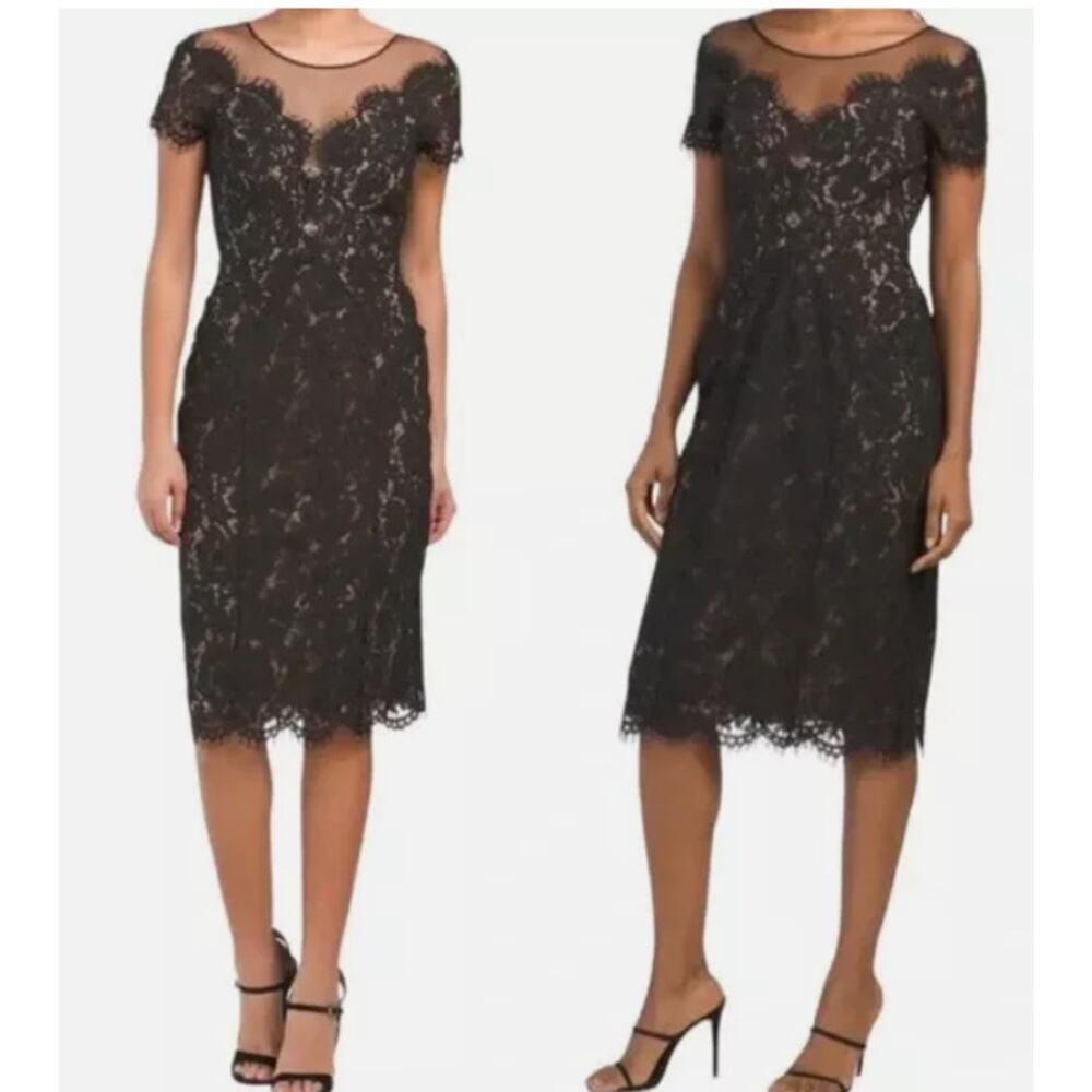 Rene Ruiz illusion Lace Mesh Evening sheath Knee short sleeve Dress Navy Blue 8